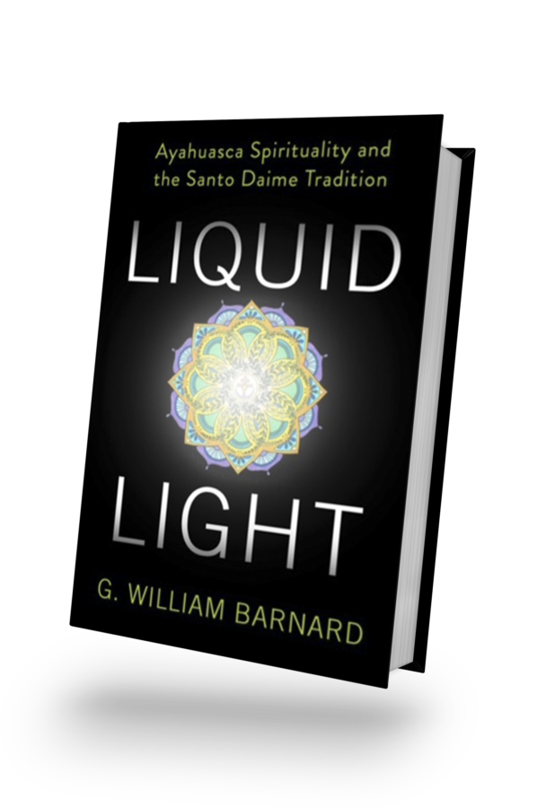 Liquid light book. Black book with a yellow and green mandala and the title Liquid Light and subtitle Ayahuasca Spirituality and the Santo Daime Tradition.